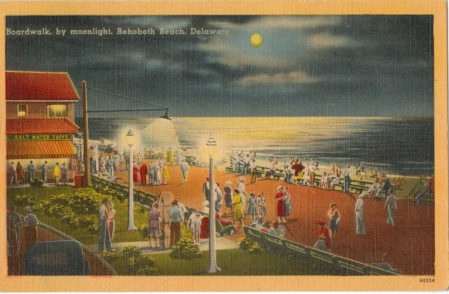 Linen Postcard, Rehoboth Beach, Delaware, Boardwalk by Moonlight, 1945