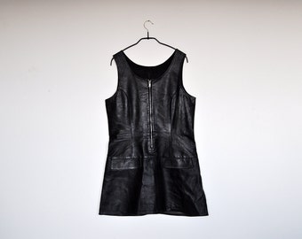 Vintage Black Leather Zip Up Fitted Mini Dress