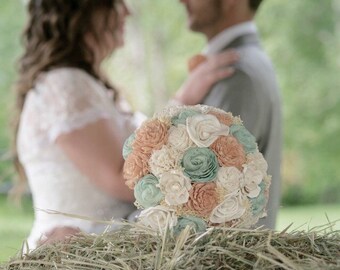 Handmade Wedding Bouquet- Peach Mint Ivory Bridal Bridesmaid Bouquet, Alternative Bouquet, Keepsake Bouquet, Rustic Wedding