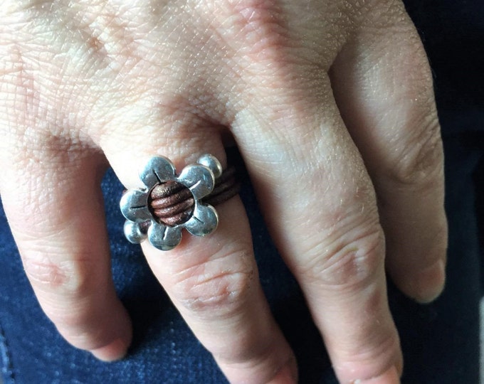 Gipsy ring,Bohemian ring,boho ring,Flower ring,leather ring,women ring,bohemian jewelry,Women Leather ring with flower charm,leather ring