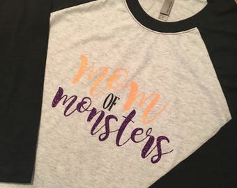 Mom of Monsters 3/4 Sleeve Raglan T-shirt! Womens, Halloween shirt, mom halloween shirt.
