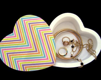 Heart Jewellery Box with Swivel Lid - Decoupage Jewellery Box - Multi-Coloured Chevron Trinket Box