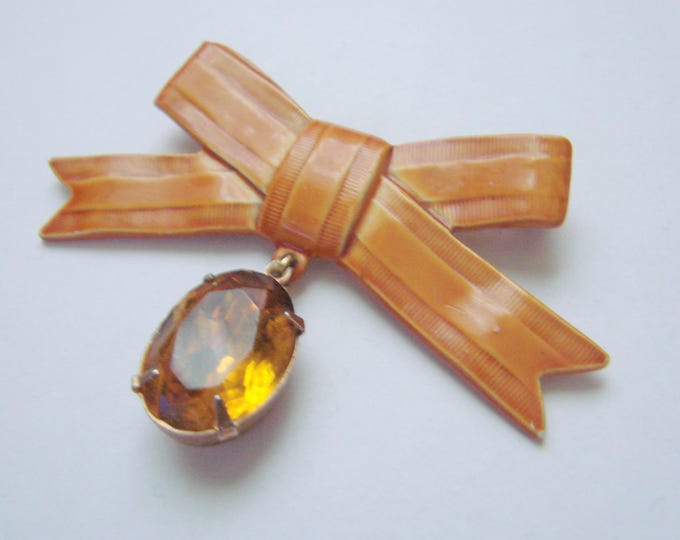 Vintage Enamel Topaz Faceted Glass Ribbon Bow Brooch / Rusty Orange Enamel / Retro / Jewelry / Jewellery