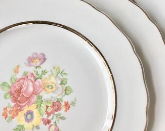 Pretty Floral Rose Plates, Four Dinner Plates by Canonsburg China ca. 1940