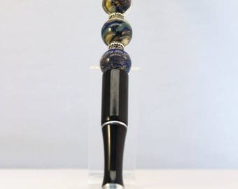 30% OFF SALE Glass Beaded Pen . Glossy Black Metal Pen . Blue Lampwork Beads . by Lori Davidson