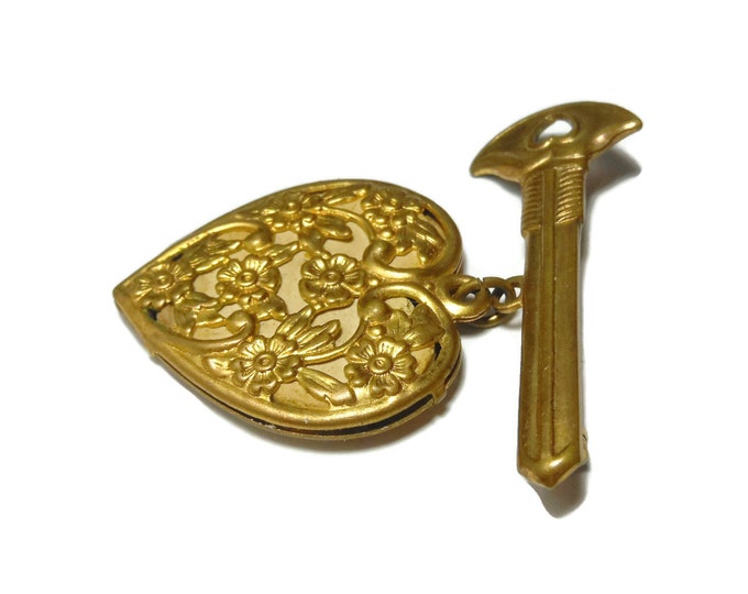 SALE Art Nouveau brooch pin, floral filigree open work heart, locket like, dangling from a key, 1930s piece, gold bronze brass