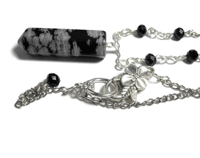 FREE SHIPPING Snowflake Obsidian necklace, bullet pendant, black Swarovski crystals, infinity connectors, silver plated chain, gemstone