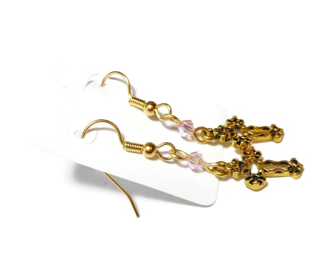 FREE SHIPPING Small cross earrings, gold tone Fleury crosses, gold plated french wires, pink Swarovski crystals, dangle earrings