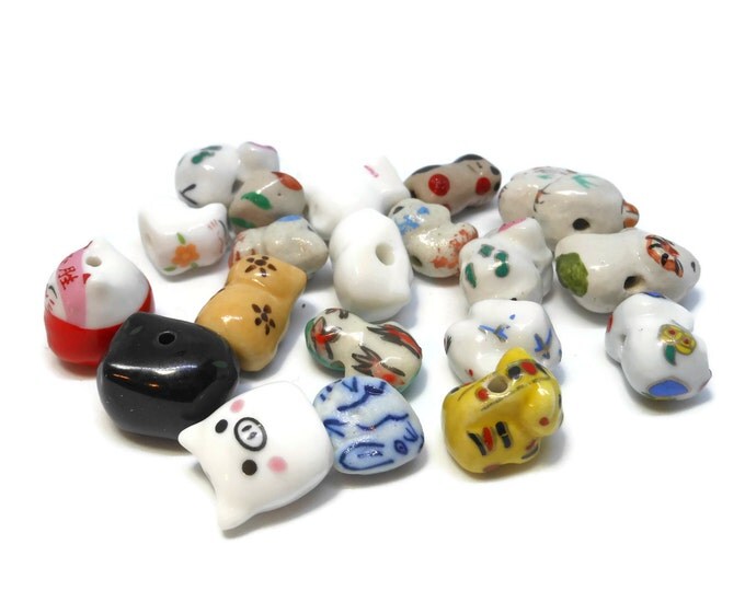 Porcelain animal beads, 20 piece lot, including dogs bear cats sheep pigs rabbits frog, ceramic small beads, animal Kawaii beads, farm beads