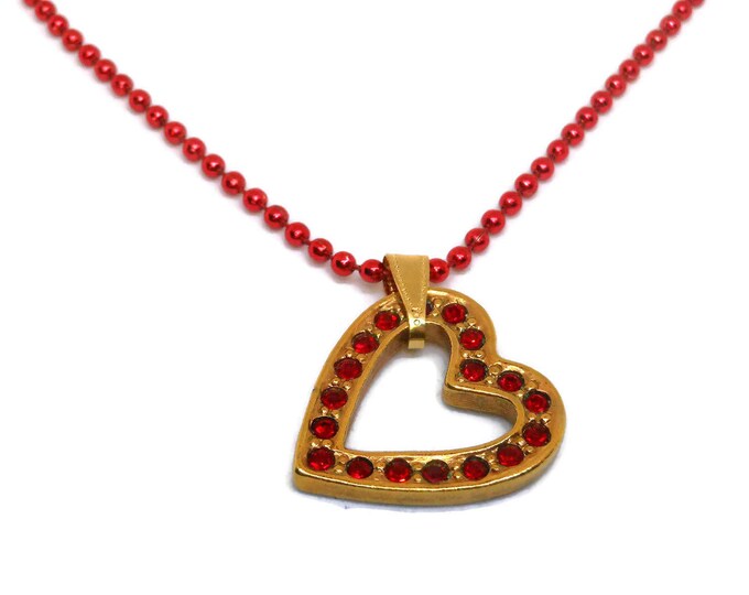 FREE SHIPPING Red rhinestone heart pendant, up-cycled Avon gold tone heart on a red ball chain necklace