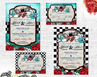Rockabilly Wedding Invitations Set with RSVP Card Printable Wedding Suite Retro Checkered or Distressed Blue Vintage Elements Rocker Offbeat