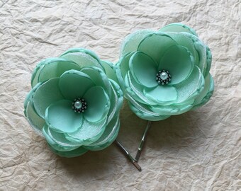 Mint fabric flower hair clip, hair accessories, Wedding flowers, bridesmaid shoe clip, pale green hair pin, brooch, sew on ornament