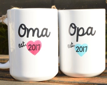 New OMA or OPA Mugs, Established year and heart, Cute Pregnancy Announcement, German and Dutch Grandparents, Est Year Coffee Mug