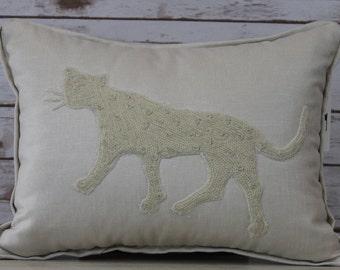Handmade Cream Linen Pillow with Appliquéd Crewel Embroidered Leopard