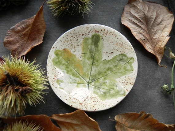 Green Leaves Ceramic Ring Dish Rustic Fall Small Pottery Plate Autumn Jewelry Dish