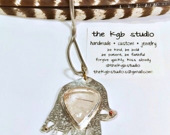 Impressive Rutile Quartz Fine Silver Hamsa Pendant