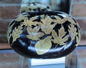 Gourd, Handcarved Gourd, Decorative Gourd Art, Gourd Bowl, Leaf Carved Gourd, Home Decor, Autumn Leaves, Hand Carved Gourd Art Bowl