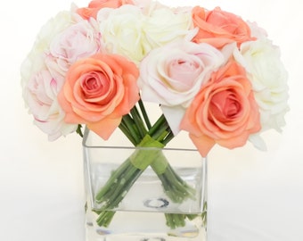 Real Touch Peach Orange Roses Light Pink Roses Arrangement using Artificial Faux Silk Flowers for Home Decor