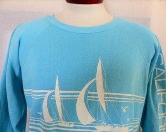 vintage 80's San Diego California pastel turquoise fleece graphic sweatshirt sail boat yacht ocean sleeve logo raglan tourist souvenir XL
