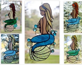 Stained Glass Mermaid Panel, Beach Decor, Glass Art, Custom Colors