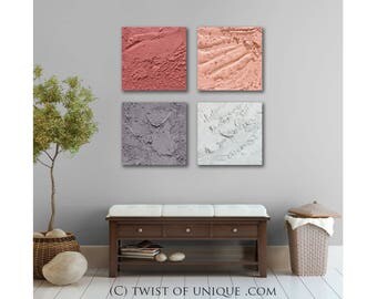 Textured Abstract Painting / CUSTOM 4 painting set /15 x 15 / palette knife painting / concrete wall art / Coral, pink, gray, white