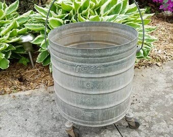 Vintage Galvanized "Geenpres" Bucket Planter on Wheels Farm Primitive