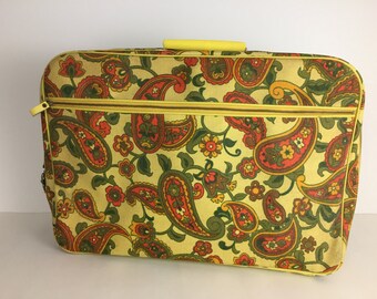 Vintage Floral Blue Carry On Bag Suitcase 1960's Overnight Bag Paisley Mod Suitcase
