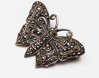Sterling Marcasite Butterfly Brooch - Silver Insect Art Deco Pin