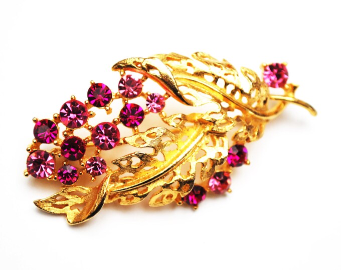 Pink Rhinestone Brooch - Signed Lisner - gold tone Flower leaf - Mid Century- Floral pin