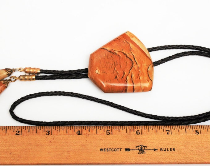 Bolo Tie Picture Jaspter - Brown earth tone gemstone - Brown leather - Wedge Tile - Brass