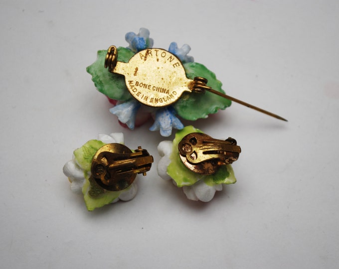 Artone Flower Brooch earring set - Bone China -Pink Blue ceramic -Made in England - Floral pin =Clip on earrings