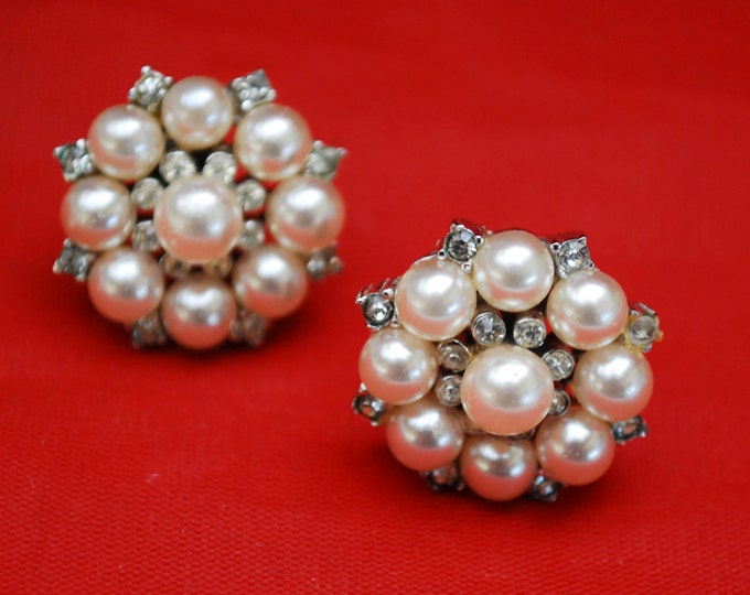 Sterling Pearl Earrings - Rhinestone - screw back earrings -white bead - wedding Bride