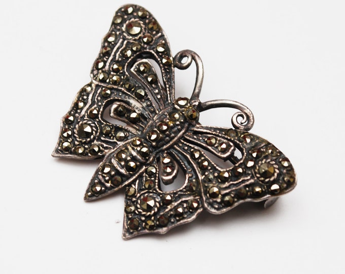 Sterling Marcasite Butterfly Brooch - Silver Insect Art Deco figurine Pin