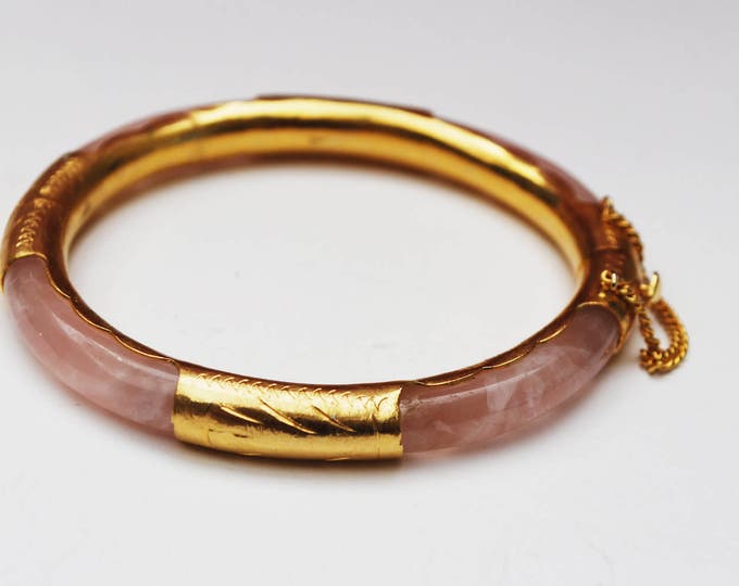 Rose Quartz Bangle -Pink Gemstone - Hinged Bracelet - Gold plated - Safety chain