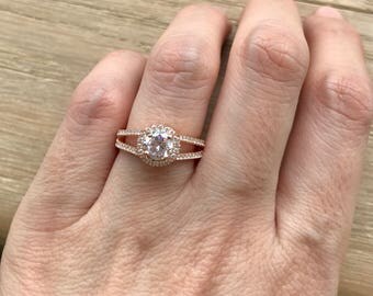 Art Deco Engagement Ring- Rose Gold Promise Ring- Split Band Engagement Ring- Halo Alternative Engagement Ring- Simulated Diamond Ring