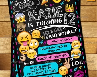 Emoji Invitation, Emoji Birthday Invitations, Teen Birthday Invitation, Girls Teen Invitation, Emoji Invites R-162
