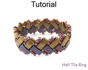 Beading Tutorial Pattern - Beaded Ring - Miyuki Half Tila Beads - Simple Bead Patterns - Half Tila Ring #24523