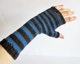 Wool knit handwarmers. Blue brown mittens. Mitts. Fingerless Gloves for women. Hand knitted Women accessories.