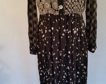 Vintage Carole Little Dress 1980's Boho Maxi Dress Black and White Tribal Design Empire Waist Peasant Rayon/Acetate Blend Made in USA Sz S