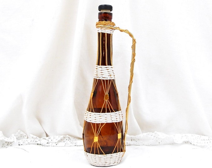 Vintage French 1960s Mid Century Amber Glass Bottle with Metal Wire and White Plastic Decoration, Retro Home Interior, Kitch 1970 Bottle