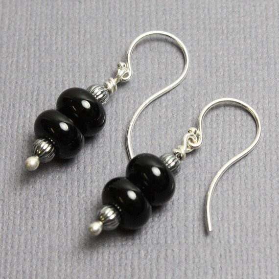 Black and Silver Beaded Earrings Black Lampwork Earrings