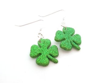 Clover Earrings - Green Glitter St Patricks Day Earrings - Shamrock Charms - Sterling Silver Jewelry - Gift for Her