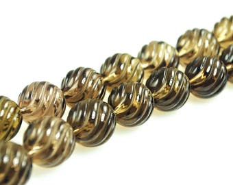 Carved Smokey Quartz Beads-12mm Smokey Quartz Beads-Smokey Quartz Bead Strand-Round Smokey Quartz-12mm Round Bead-Natural Smokey Quartz