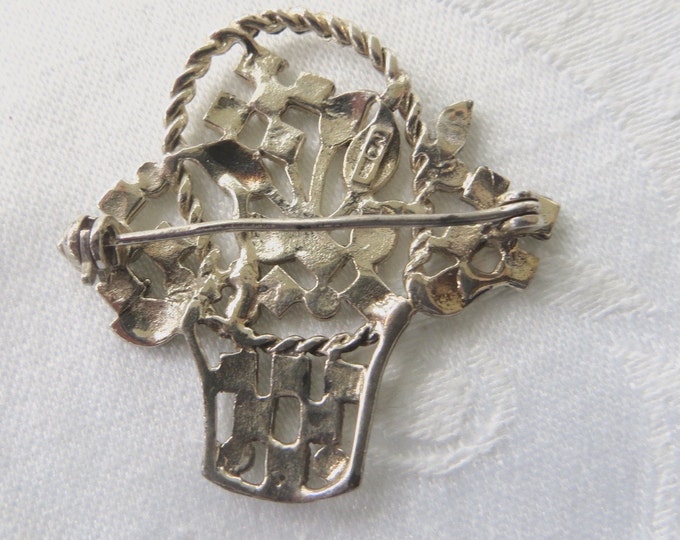 Vintage Sterling Flower Basket Brooch, Marcasite Stones, Art Deco Jewelry