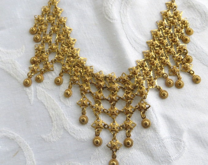 Brass Mesh Bib Necklace, Egyptian Revival Necklace, India Inspired Festival Jewelry
