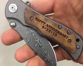 Anniversary Gifts For Men, Happy Anniversary Engraved Pocket Knife, Personalized Gift For BoyFriend, Wood Handle Folding Knife