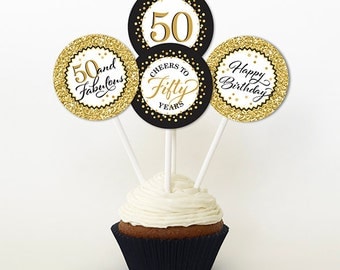 50th Birthday Cupcake Toppers, Gold Glitter and Black, Favor Tags, PRINTABLE, 2 Inch