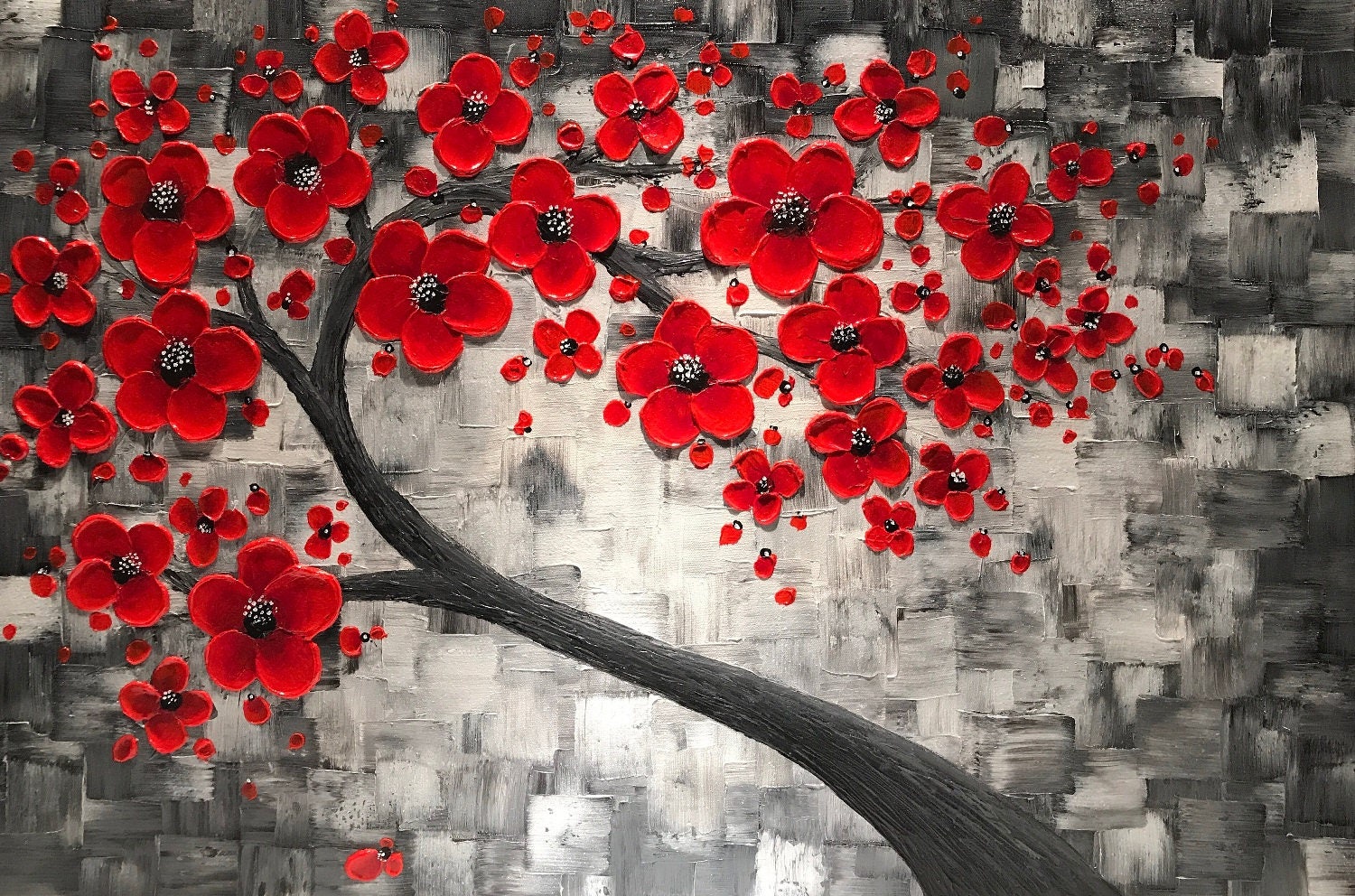 Red cherry blossom tree painting large abstract art original