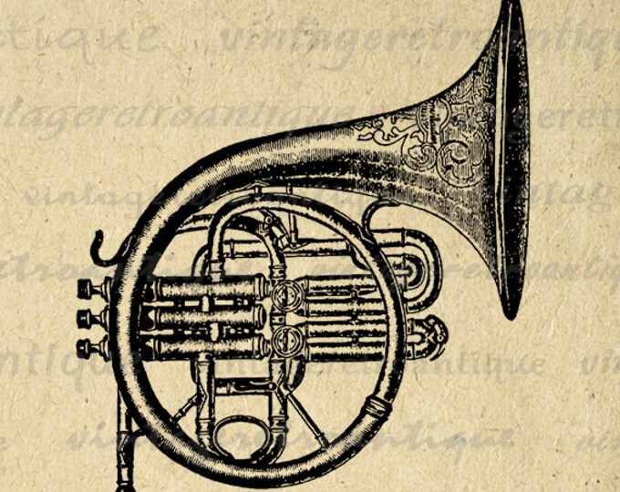 Printable French Horn Graphic Image Brass Instrument Download Music Digital Antique Clip Art Jpg Png Eps HQ 300dpi No.1234