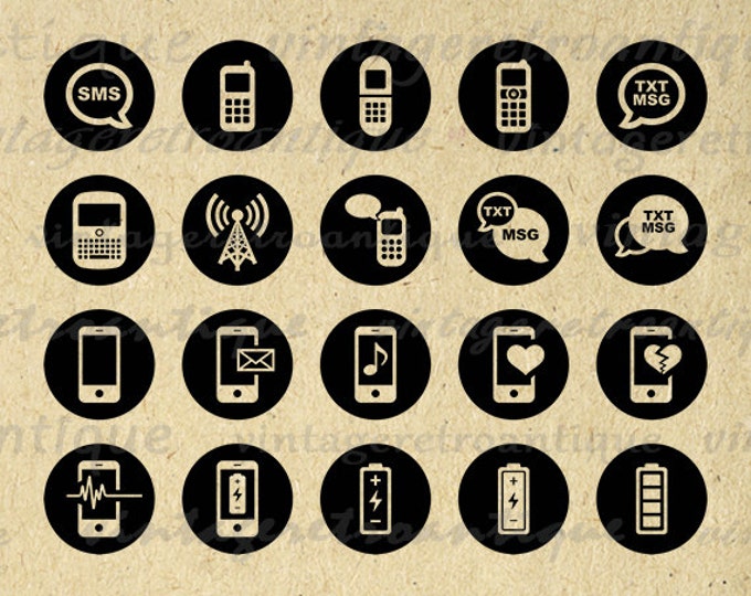 Printable Cell Phone Icon Circles Collage Sheet Digital Image Mobile Phone Download Graphic Antique Clip Art Jpg Png HQ 300dpi No.4442